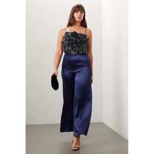 Badgley Mischka Size 14 Navy Sequin Floral Bodice Satin Wide Leg Jumpsuit